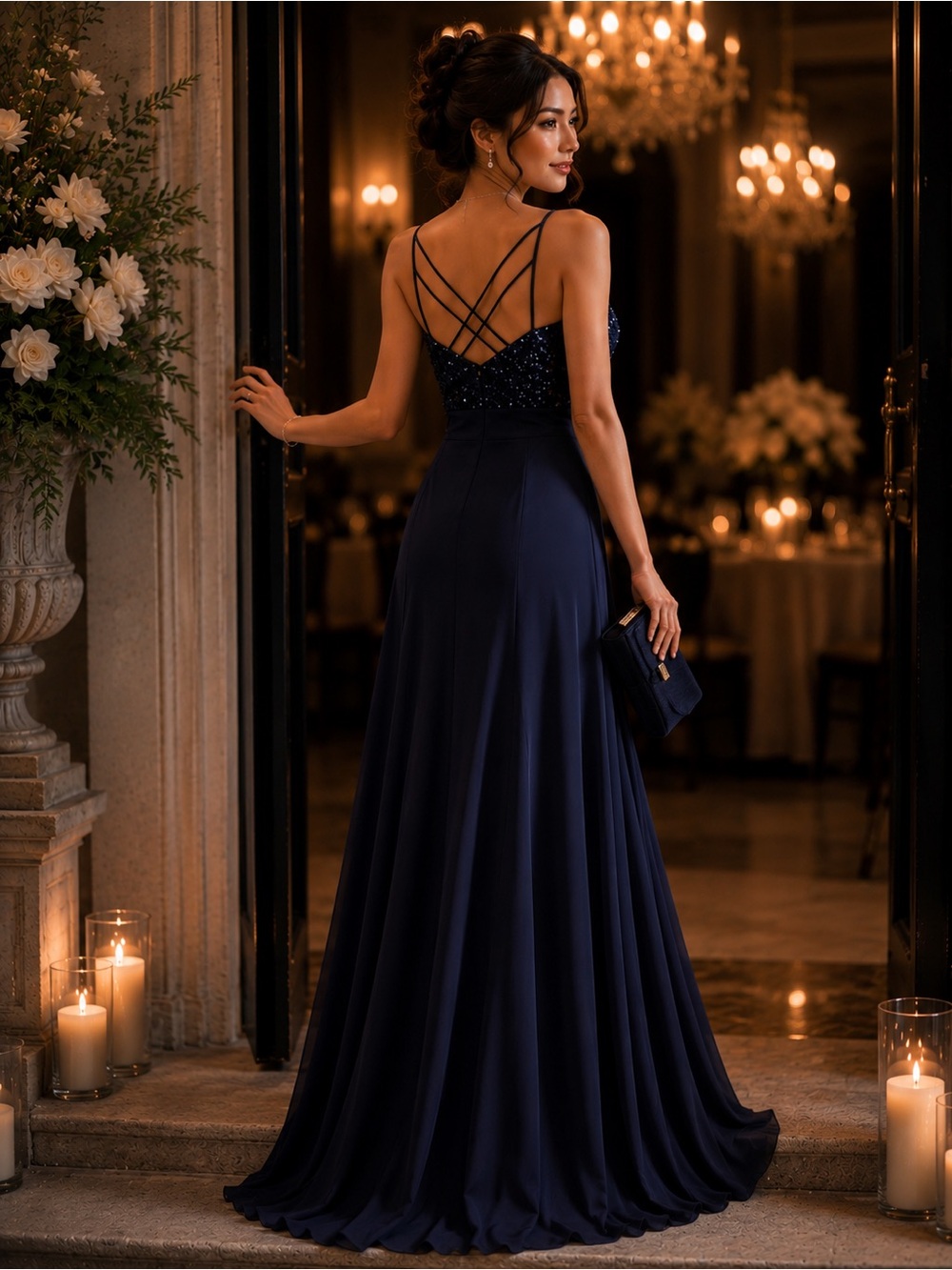 Morgan & Co Navy Sequin Criss Cross Back Formal Gown Prom Dress Size 6